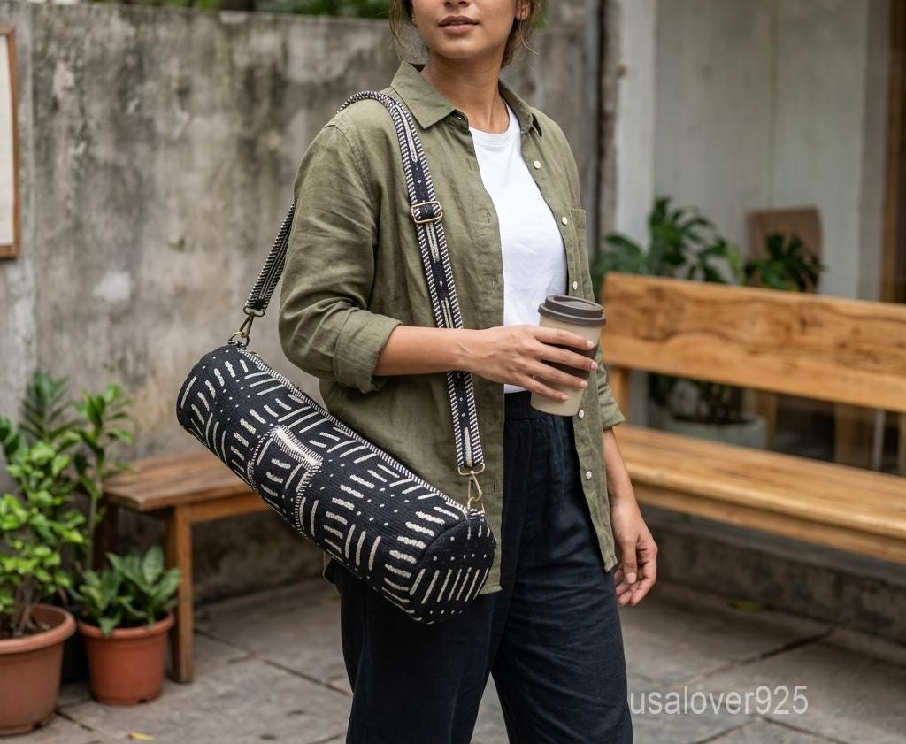 Quilted Cotton Yoga Mat Bag – Black Boho Geometric Mudcloth Print Travel & Gym Carrier