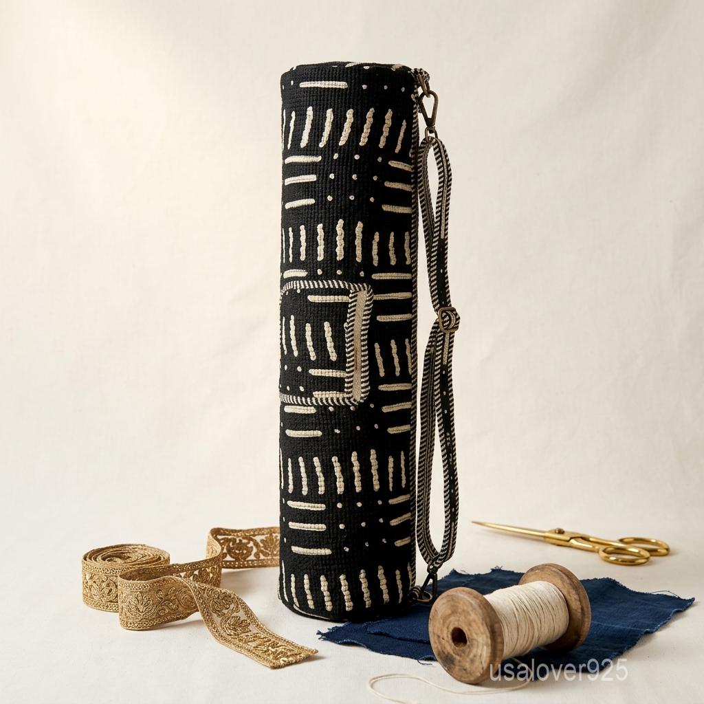 Quilted Cotton Yoga Mat Bag – Black Boho Geometric Mudcloth Print Travel & Gym Carrier