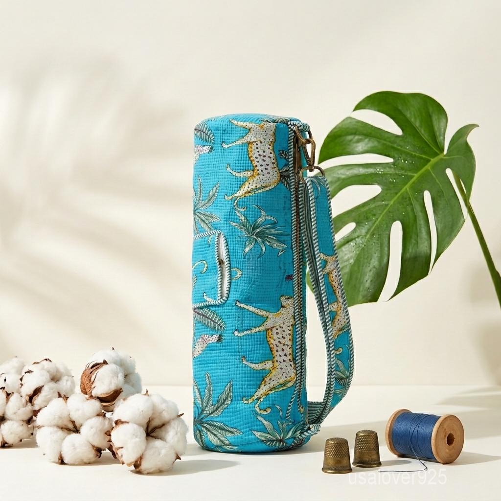 Handmade Quilted Cotton Yoga Mat Bag – Turquoise Cheetah Safari Print Travel & Gym Carrier