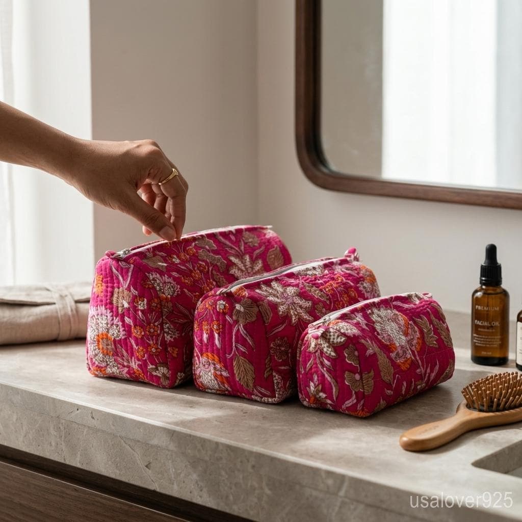 Quilted Cotton Makeup Bag Set of 3 – Magenta Floral Block Print Cosmetic & Toiletry Pouches