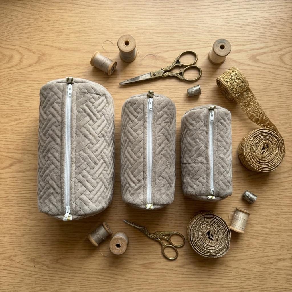 Quilted Velvet Makeup Bag Set of 3 – Taupe Brown Chevron Cosmetic & Toiletry Pouches