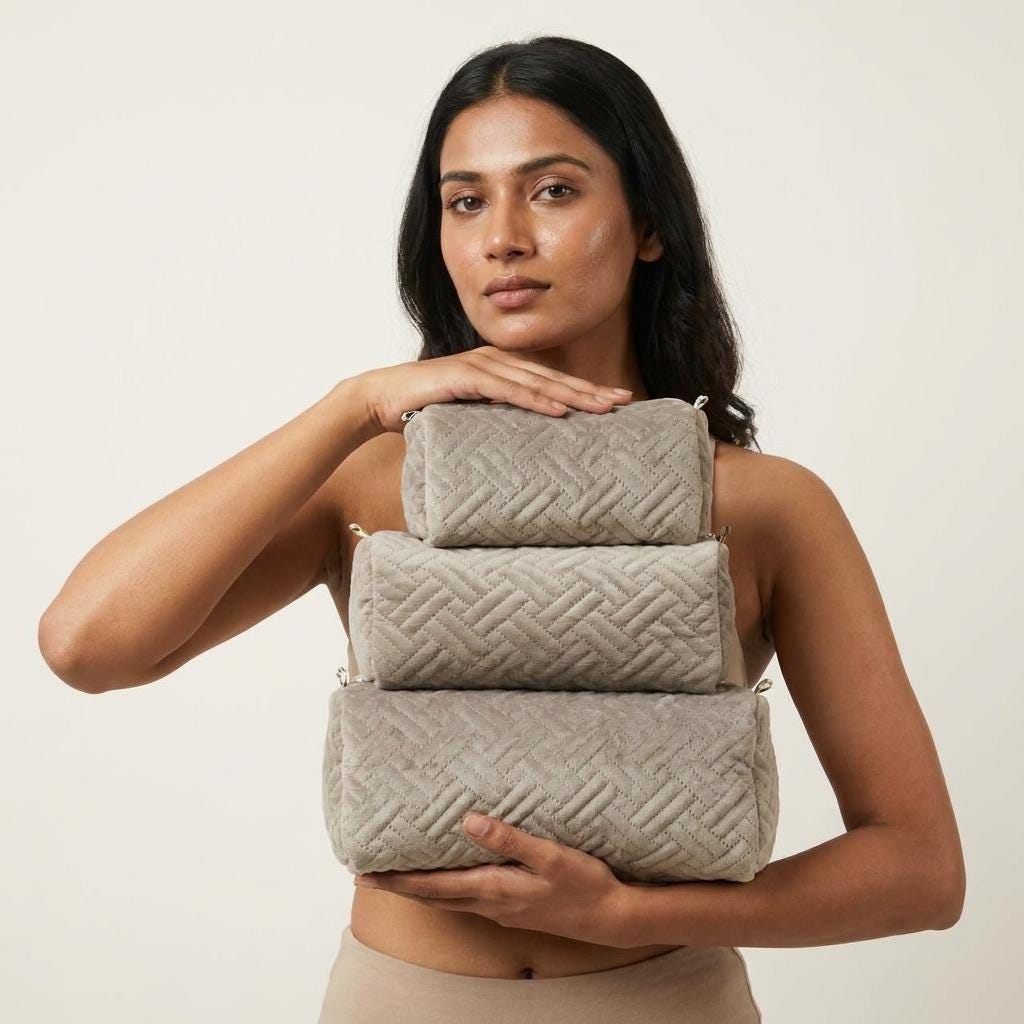 Quilted Velvet Makeup Bag Set of 3 – Taupe Brown Chevron Cosmetic & Toiletry Pouches