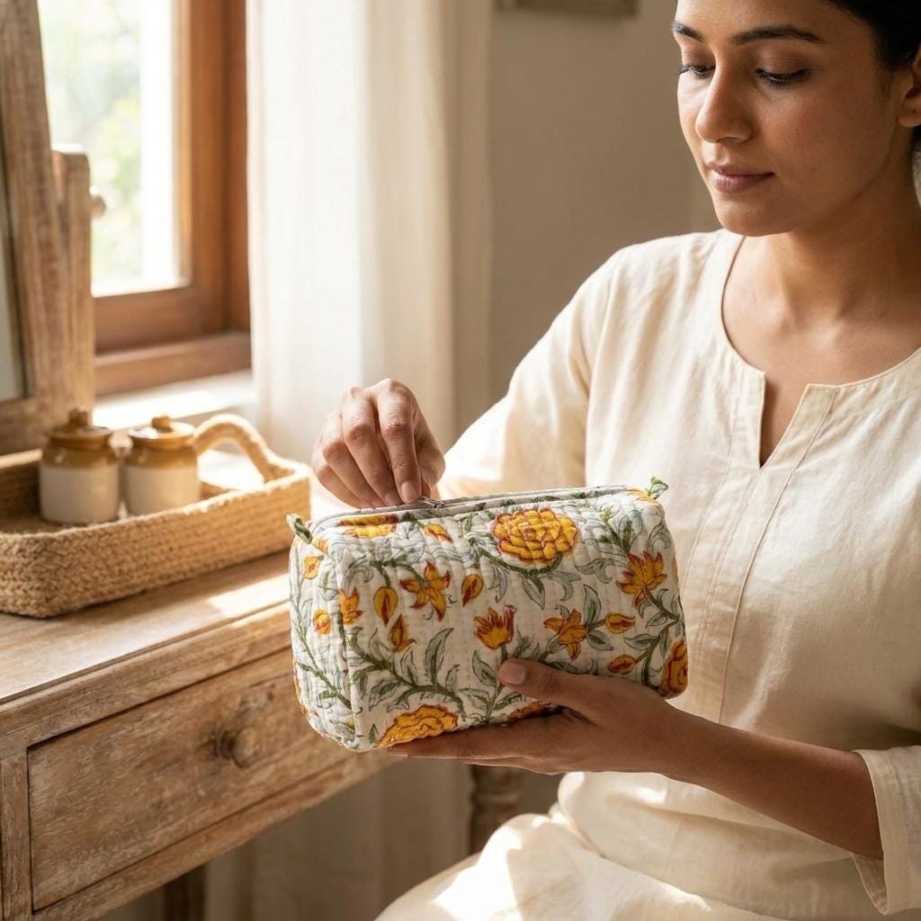 Quilted Cotton Makeup Bag Set of 3 – Yellow Floral Block Print Cosmetic & Toiletry Pouches
