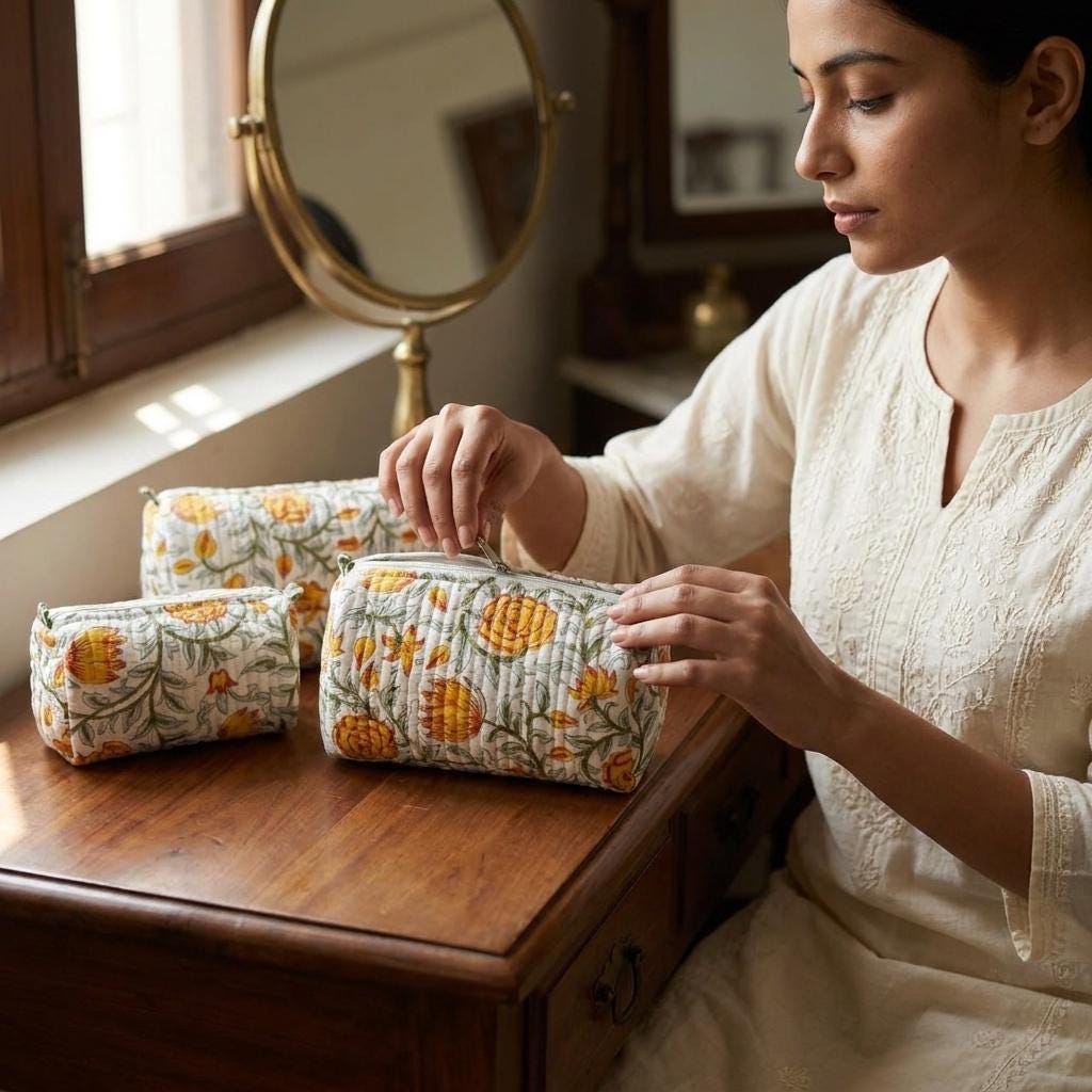 Quilted Cotton Makeup Bag Set of 3 – Yellow Floral Block Print Cosmetic & Toiletry Pouches