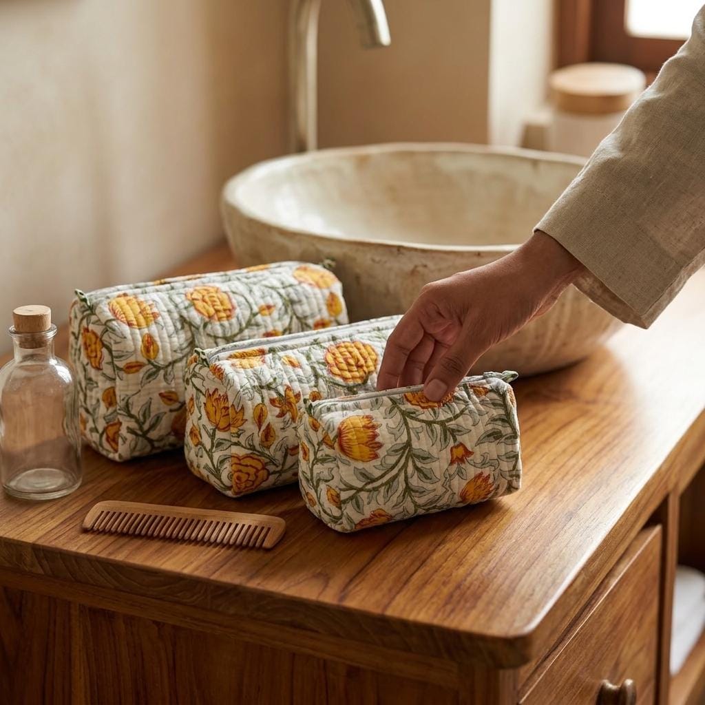 Quilted Cotton Makeup Bag Set of 3 – Yellow Floral Block Print Cosmetic & Toiletry Pouches