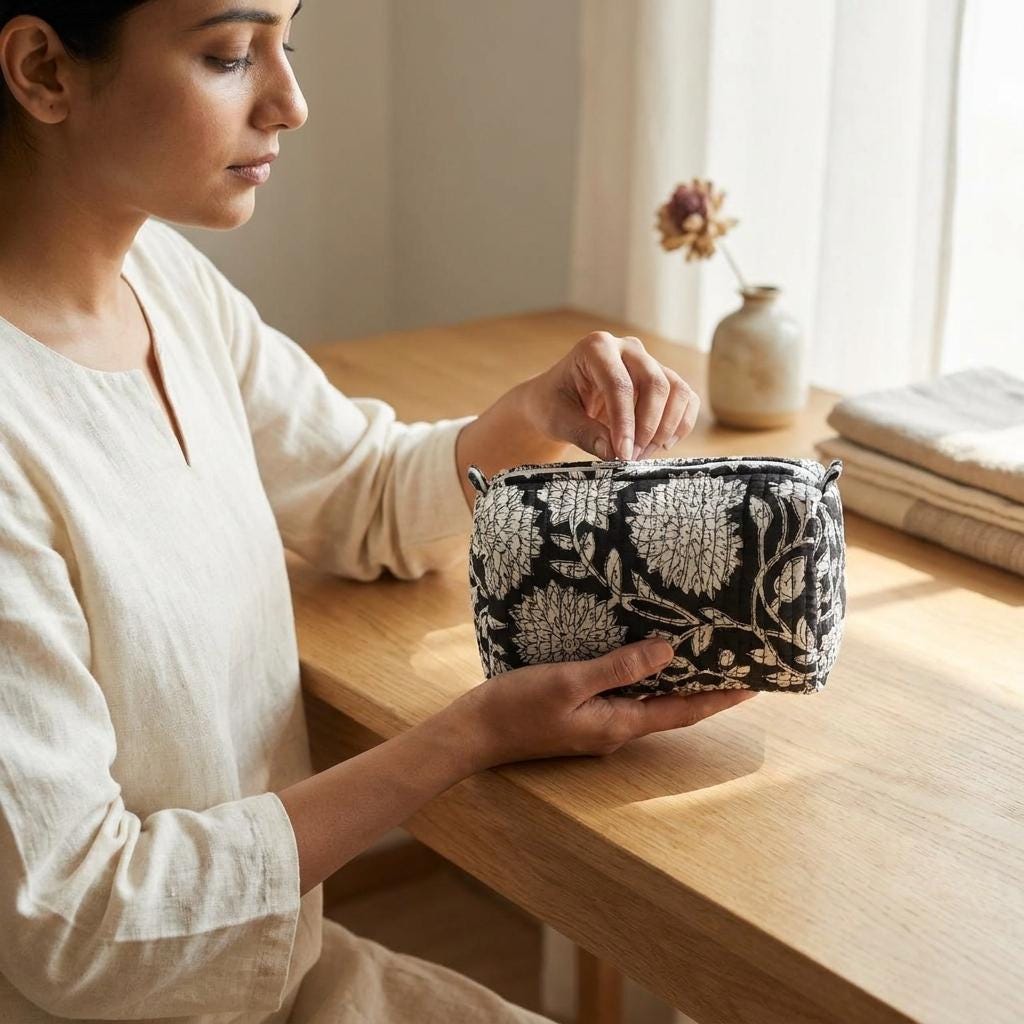 Quilted Cotton Makeup Bag Set of 3 – Black Floral Block Print Cosmetic & Toiletry Pouches