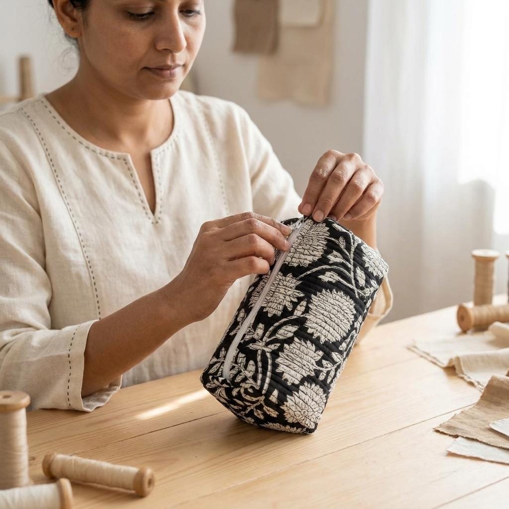 Quilted Cotton Makeup Bag Set of 3 – Black Floral Block Print Cosmetic & Toiletry Pouches